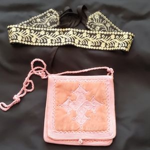 Pink velvet purse with black/gold belt